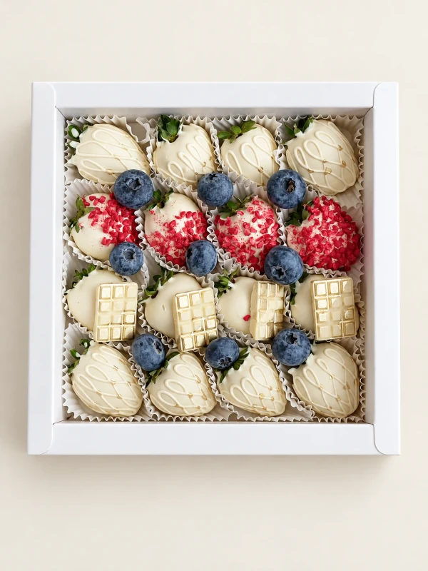Клубничный бокс "White love" — «Клубничный бокс White love» — клубничный бокс Dolce Sweets из 16 ягод клубники в белом шоколаде и 9 ягод…